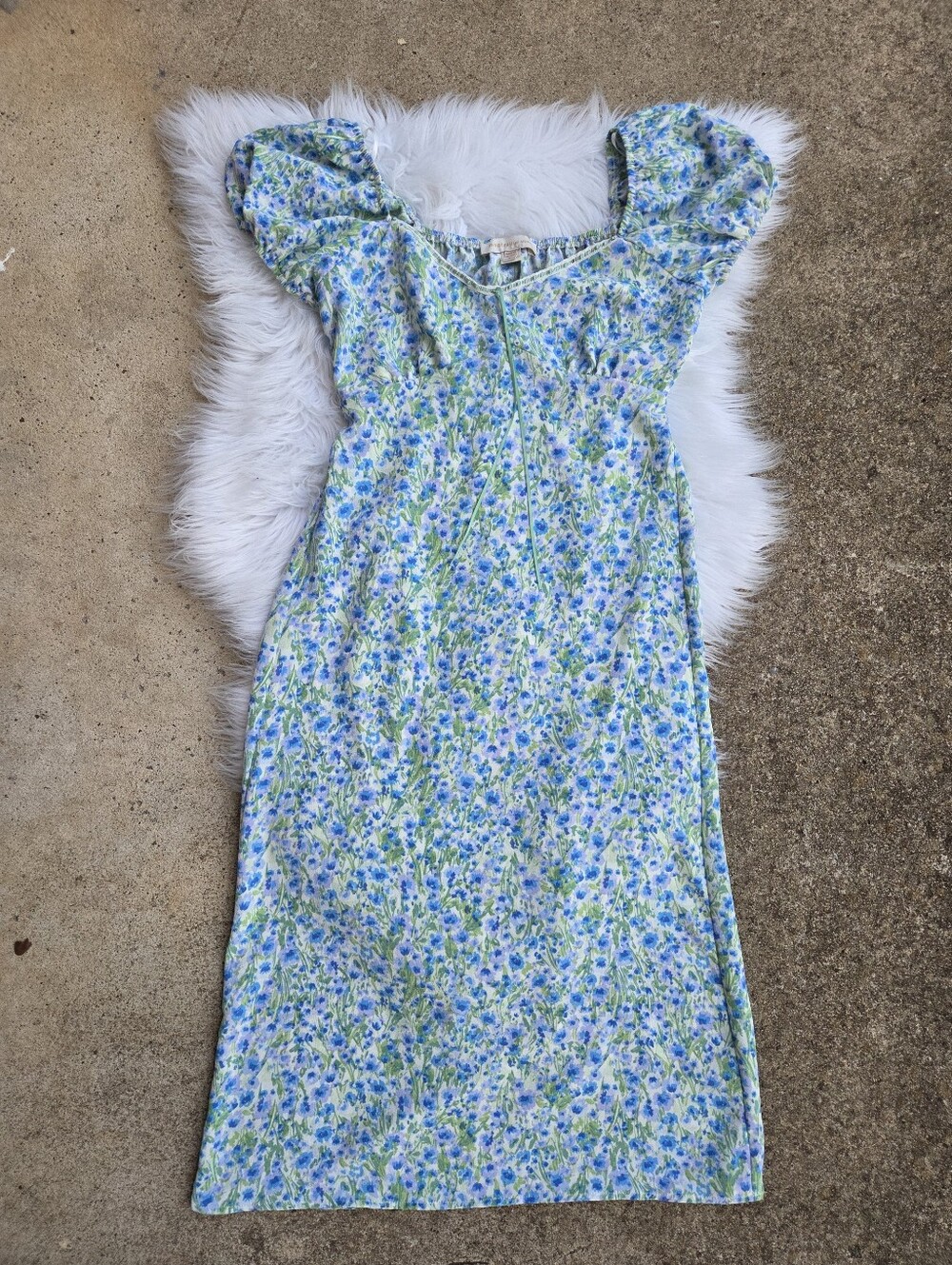 Monteau - Cottagecore Floral Puff-Sleeve Dress Milkmaid Midi Dress- Size Small